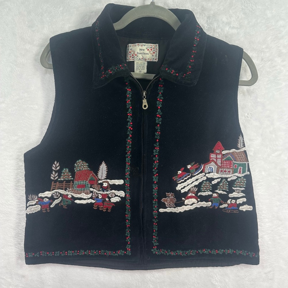 New Directions Vest Womens M Black Christmas Winter Scene Embroidered Velvet Zip